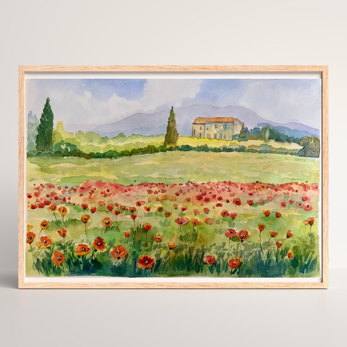 Red Poppy Field Before a Tuscan Farmhouse Watercolor Scene Poster