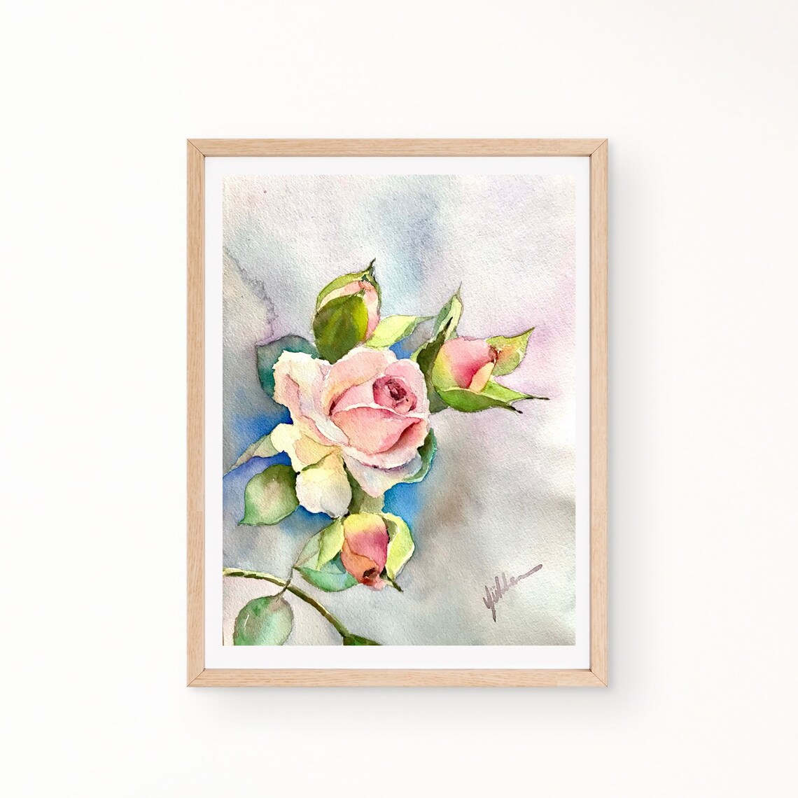 Blush Pink Rose with Buds in a Delicate Floral Watercolor Poster
