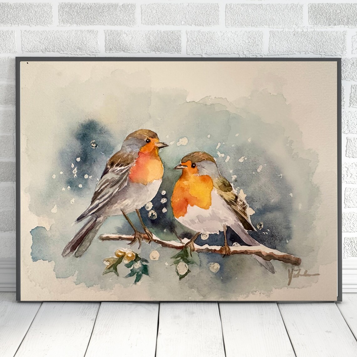 Pair of Robins in Winter Snow Watercolor Christmas Bird Poster - Image 4