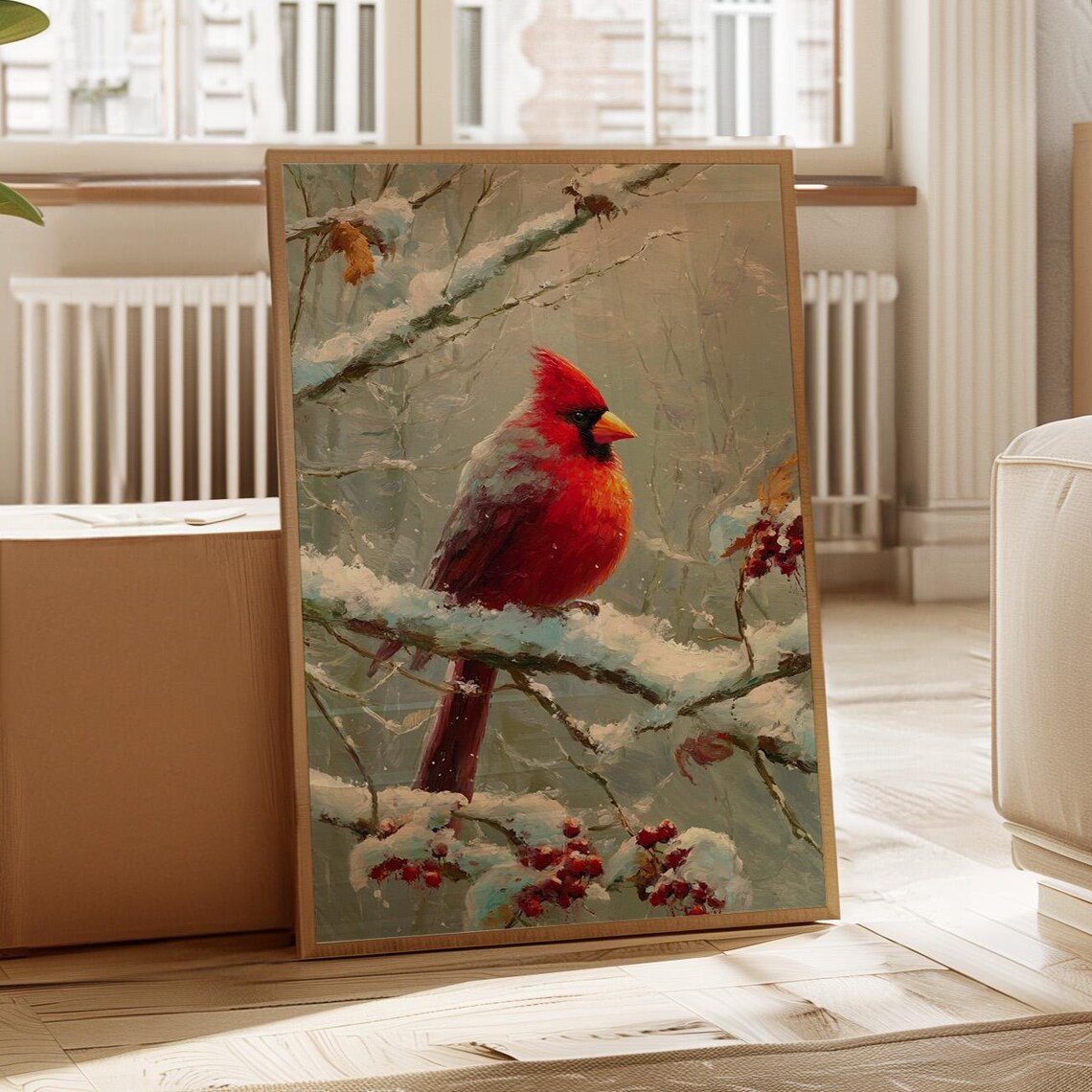 Red Cardinal Perched On Snowy Branch With Winter Berries Poster