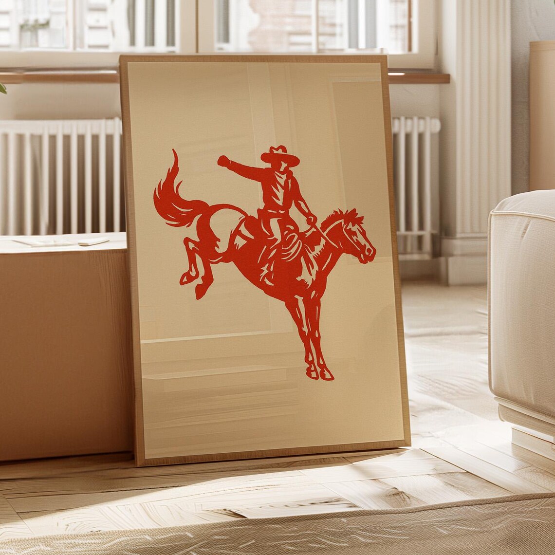 Bold Red Cowboy Silhouette Riding Bucking Horse Western Poster