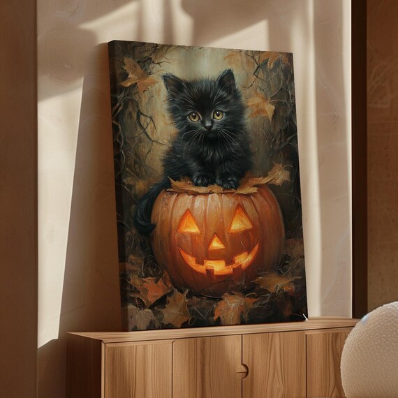 Black Kitten On Glowing Jack O Lantern Cute Halloween Art Poster