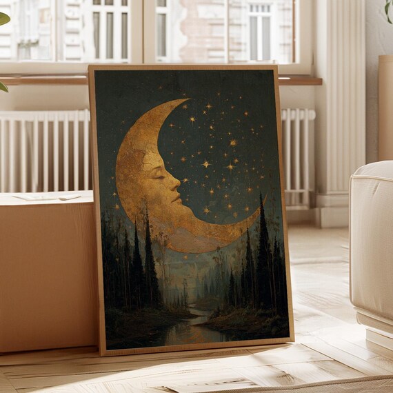 Golden Crescent Moon Face Among Stars