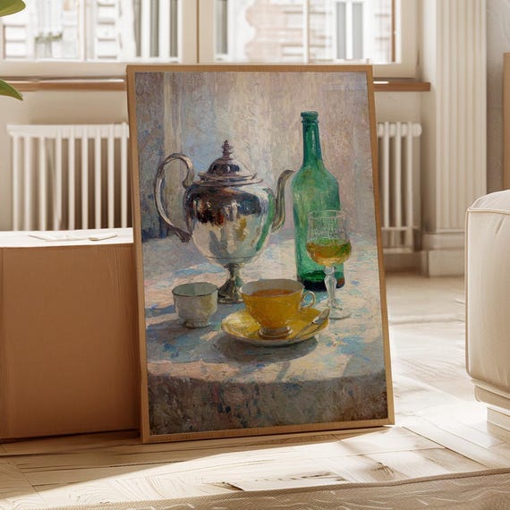 Vintage Tea Still Life Canvas Art Yellow Teacup Green Bottle Silver Teapot Painting For Kitchen Or Dining Room Wall Decor