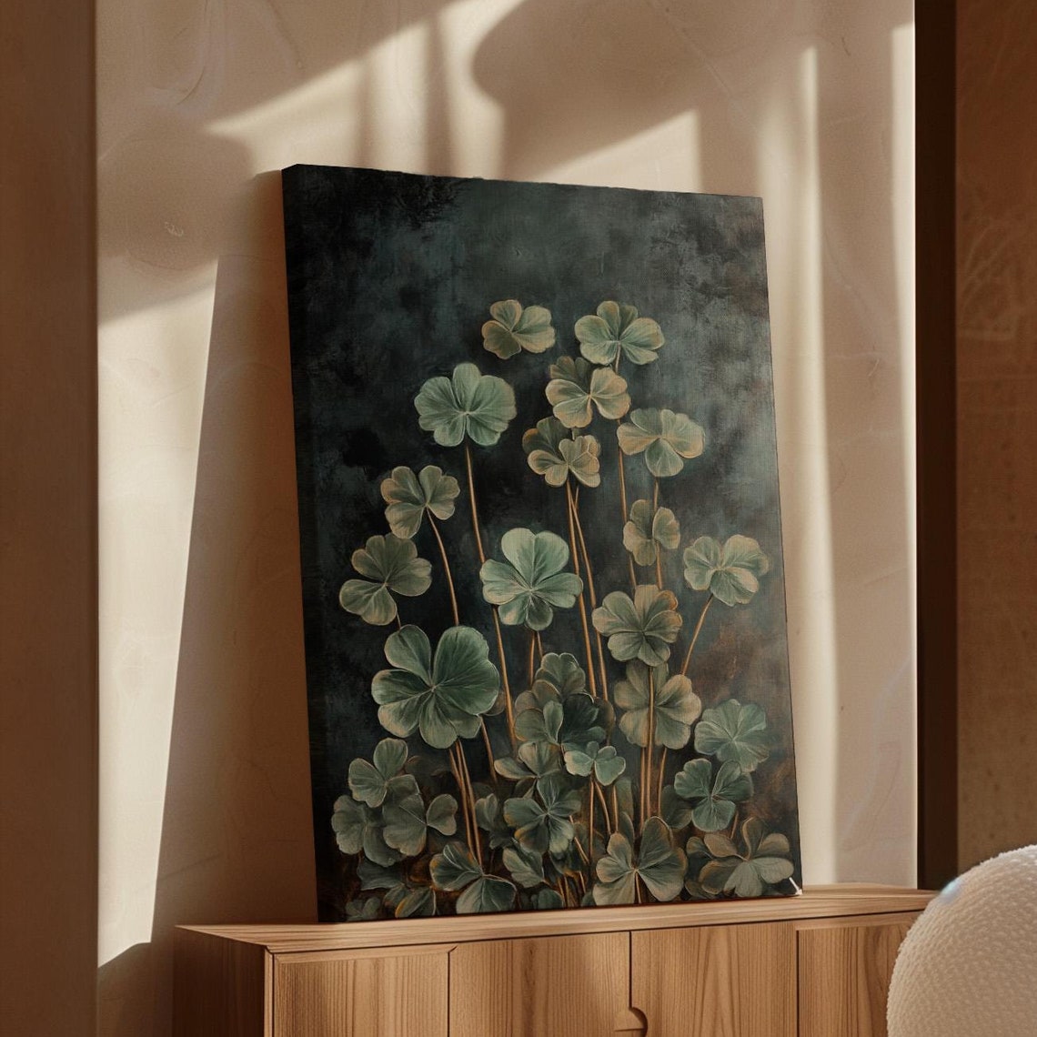 Lush Clover Leaves Moody Dark Green Botanical Painting Wall Art