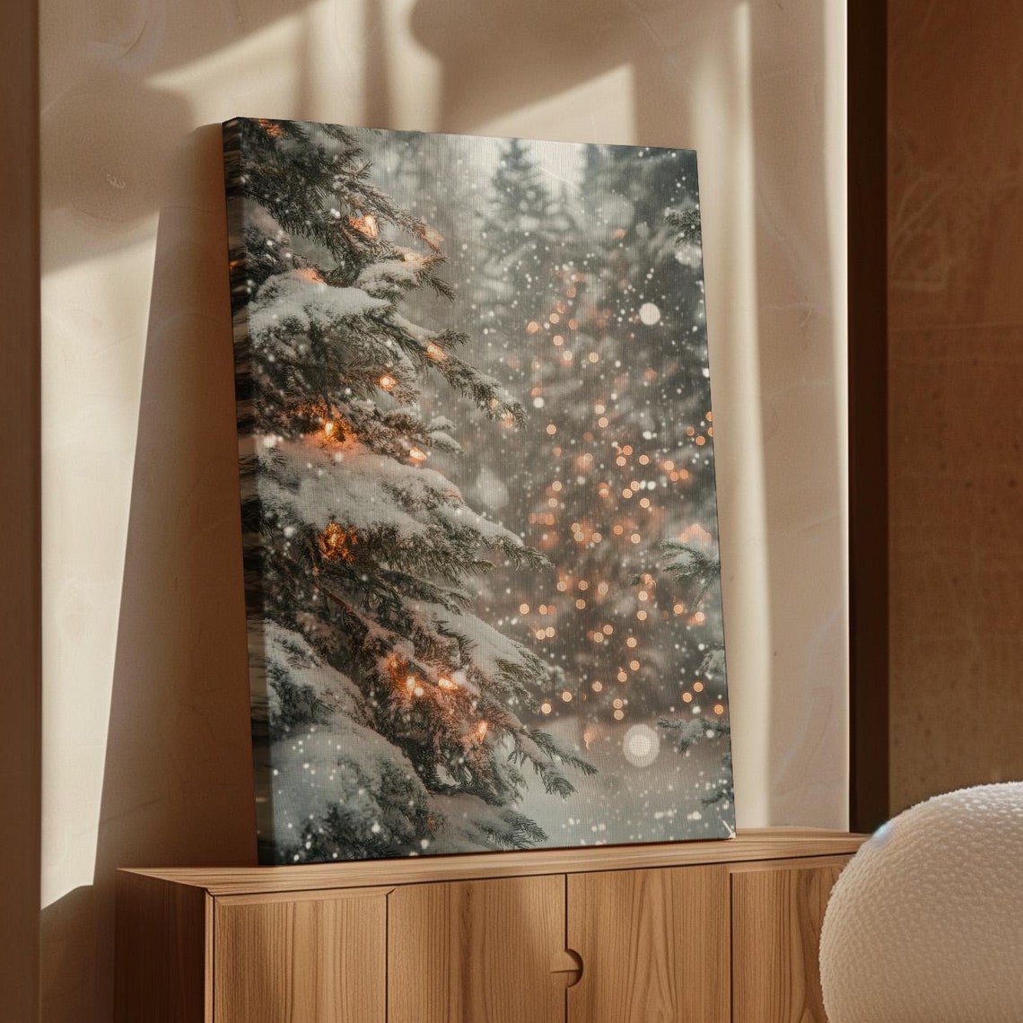 Snow Covered Pine Branches With Warm String Lights At Dusk Poster - Image 7