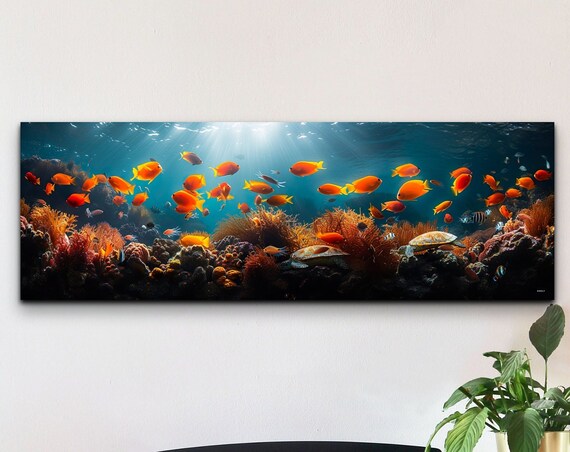 Orange Fish School Sea Turtle Coral Reef Underwater Panorama Wall Art