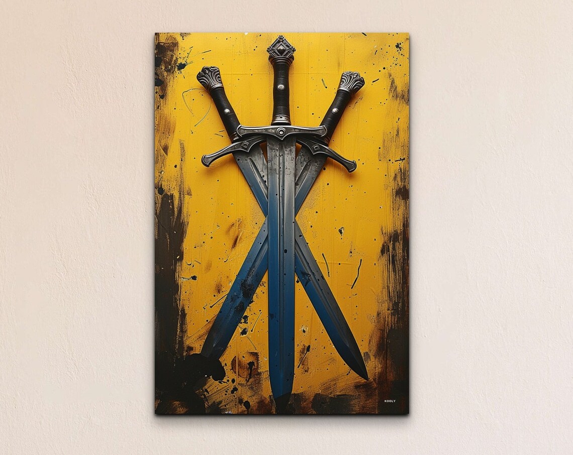 Three Crossed Medieval Swords Yellow Background Warrior Poster