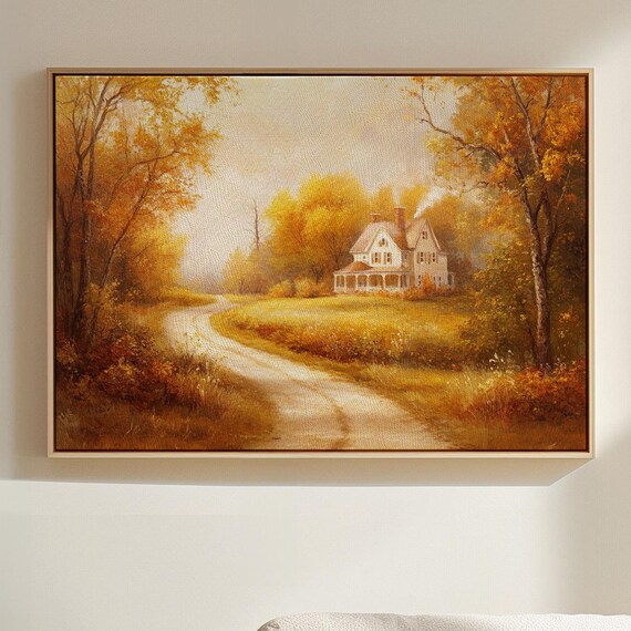 Country Cottage at the End of a Winding Path Golden Autumn Scene Poster