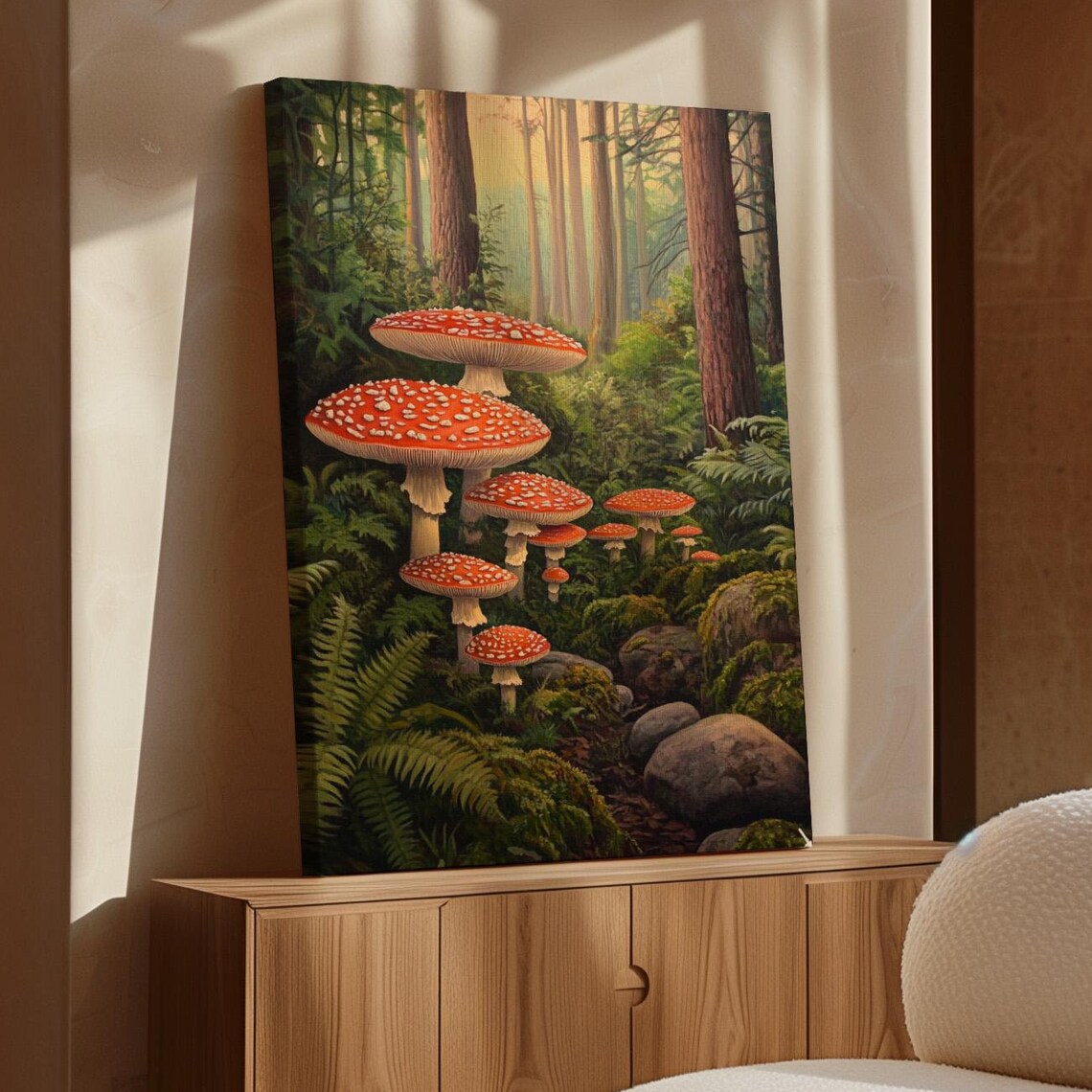 Red Fly Agaric Mushrooms In Sunlit Green Forest Floor Botanical Poster