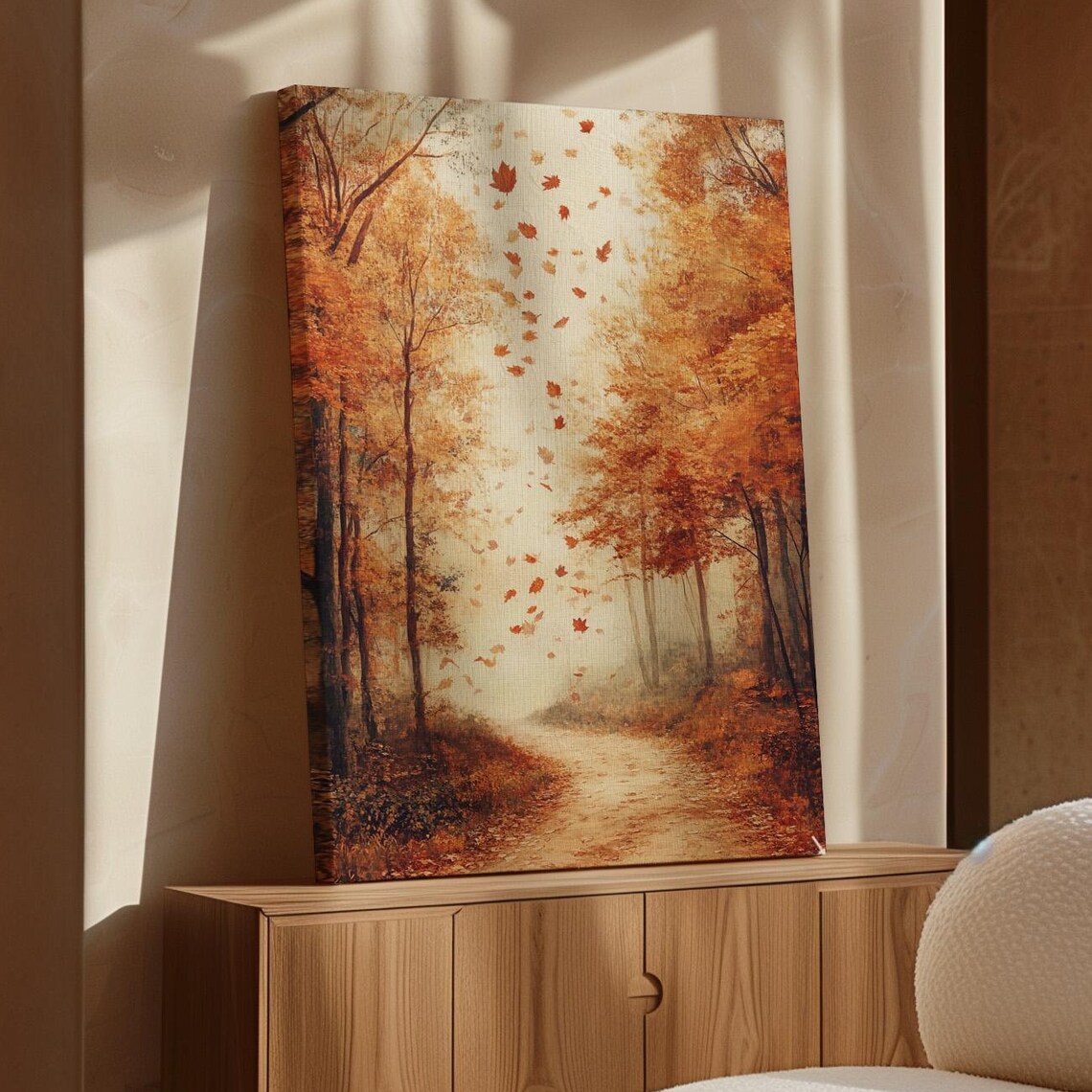 Autumn Forest Path With Falling Maple Leaves Golden Season Poster