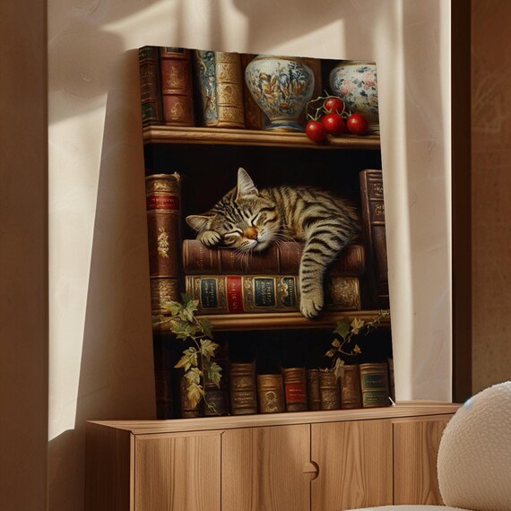 Sleeping Tabby Cat On Bookshelf Vintage Art Print