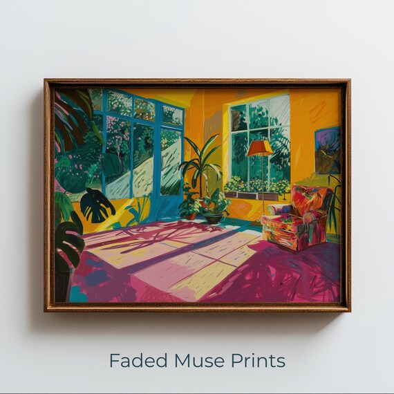 Sunlit Retromodern Living Room Art Lush Plants Colorful Interior Poster