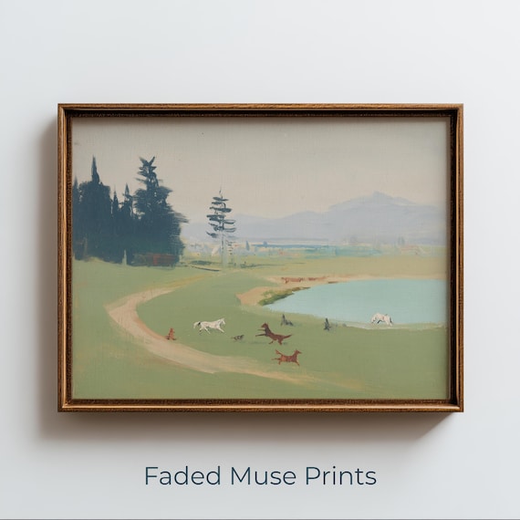 Pastoral Landscape Painting Cottagecore Meadow And Pond Art Digital Download 1613