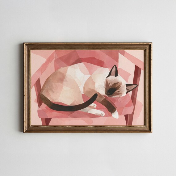 Siamese Cat Blush Pink Chair Art Print Modern Lowpoly Animal Digital Download