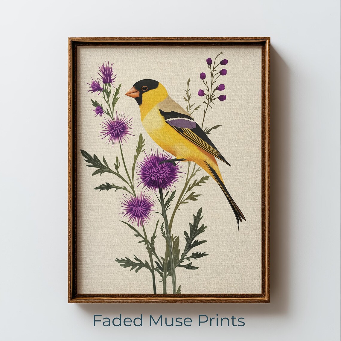 Goldfinch On Purple Thistle, Vintage Botanical Bird Art