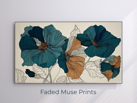Modern Teal and Gold Botanical Floral Line Art Poppy Wall Art