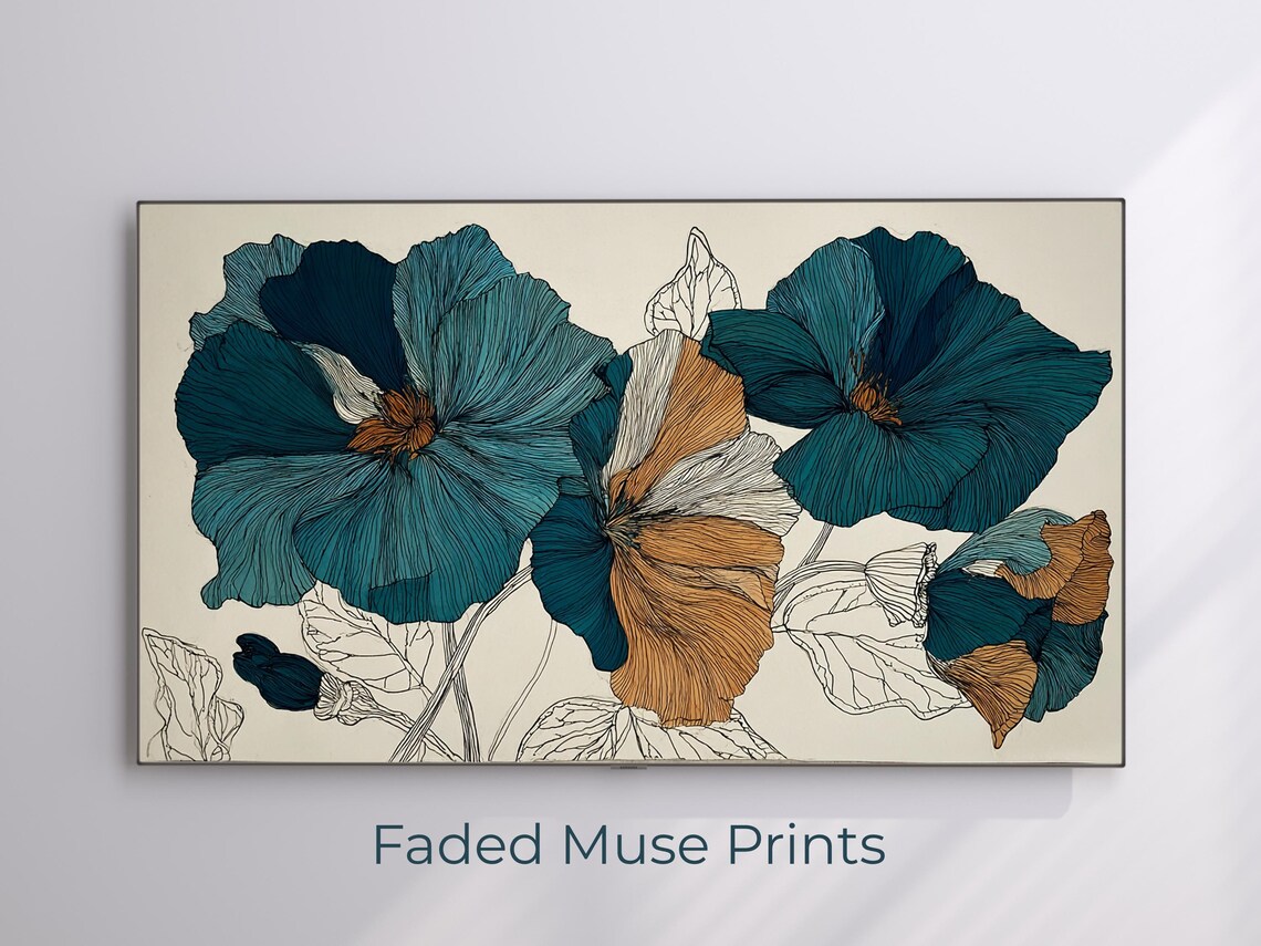 Modern Teal and Gold Botanical Floral Line Art Poppy Wall Art