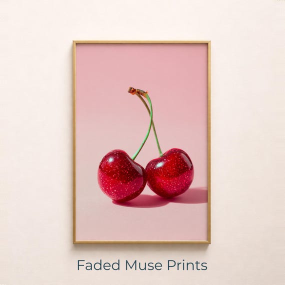 Glossy Red Cherries Pop Art Print Pink Minimalist Wall Digital Download
