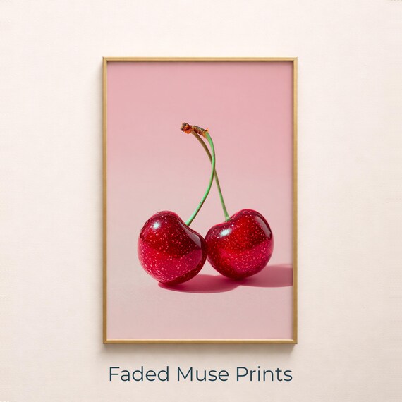 Glossy Sweet Red Cherries Pop Art Pink Minimalist Fruit Poster