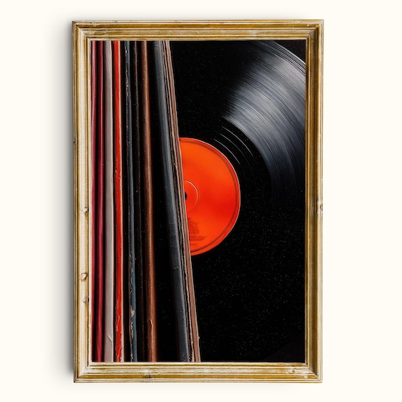 Vinyl Records Collection Sleeves Close Up Orange Label Music Poster