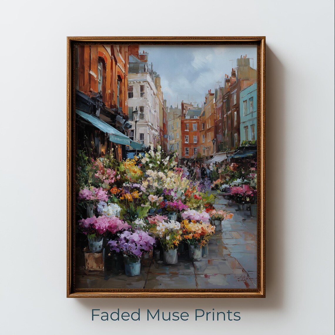 Colorful Flower Market Street European City Painterly Wall Art