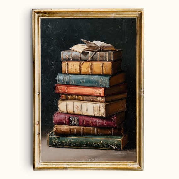 Antique Book Stack Painting Dark Academia Library Art Digital Download