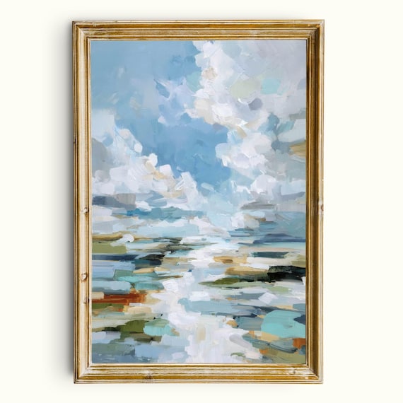 Abstract Coastal Horizon Painting Poster Blue White Impressionist Style