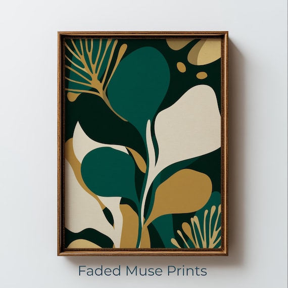 Abstract Botanical Leaves Emerald Green Gold Modern Art Print