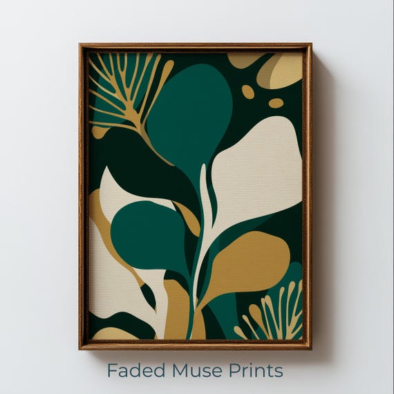 Abstract Botanical Leaves Modern Emerald Green Gold Wall Art Printable Digital Download 3187