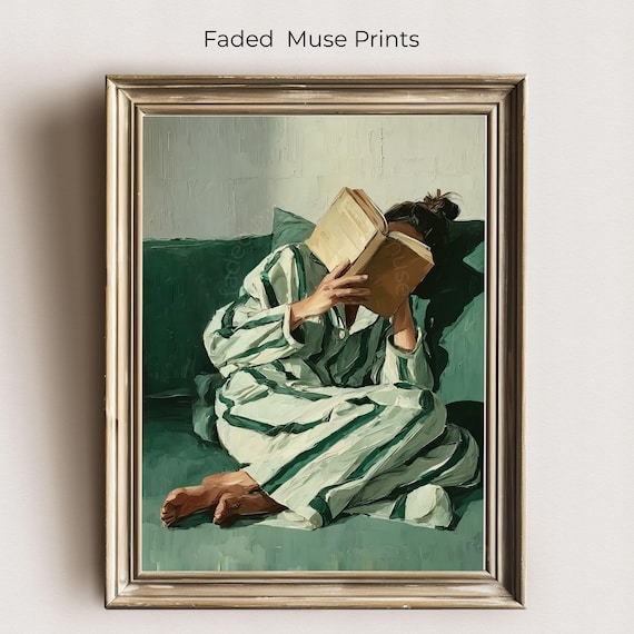Woman in Striped Pajamas Reading a Good Book Cozy Oil Art Poster