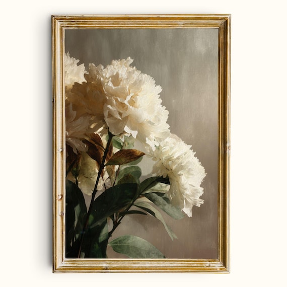 Vintage Peony Print Moody Botanical Wall Art Printable Neutral Floral Digital Download
