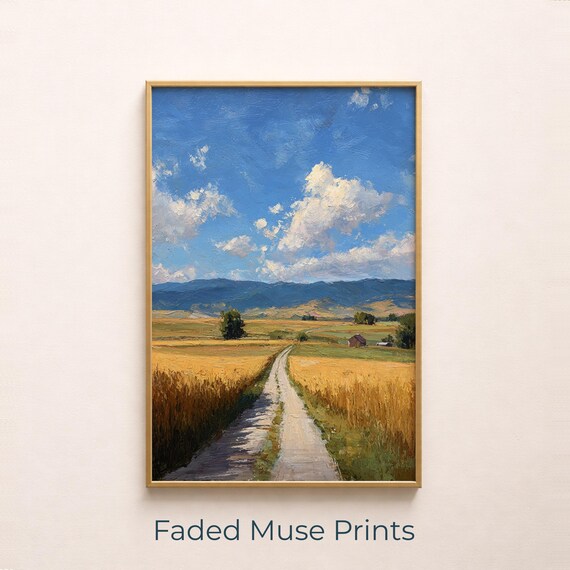 Country Dirt Road Through Golden Wheat Fields Rustic Landscape Art Poster
