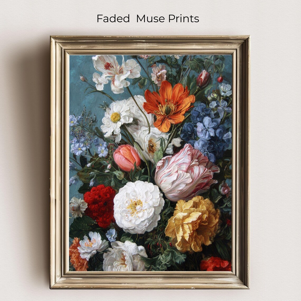 Dutch Floral Still Life with Tulips and Roses Moody Blue Art Print