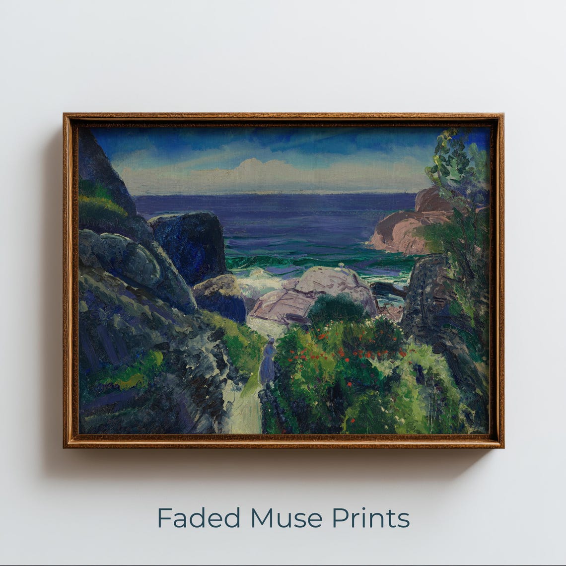 Moody Coastal Seascape Rocky Path Ocean Waves Vintage Art Print