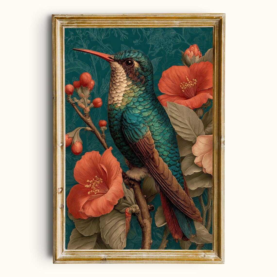 Hummingbird Floral Vintage Botanical Art Print