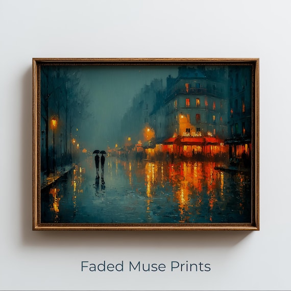 Rainy Paris Street Night Scene Impressionist Couple Umbrella Cafe Poster