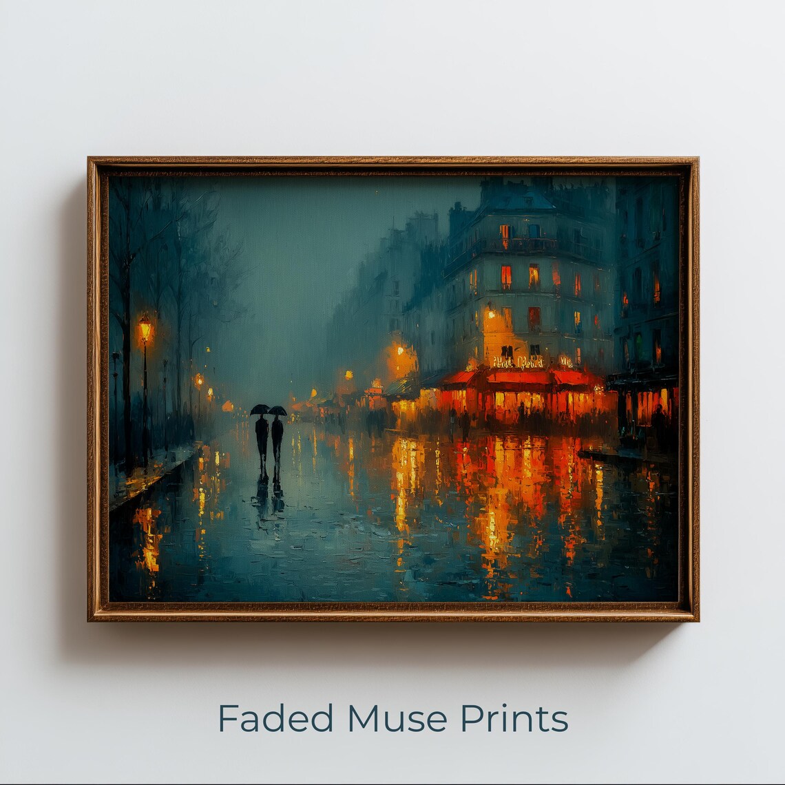Rainy Paris Street Night Scene Impressionist Couple Umbrella Cafe Poster
