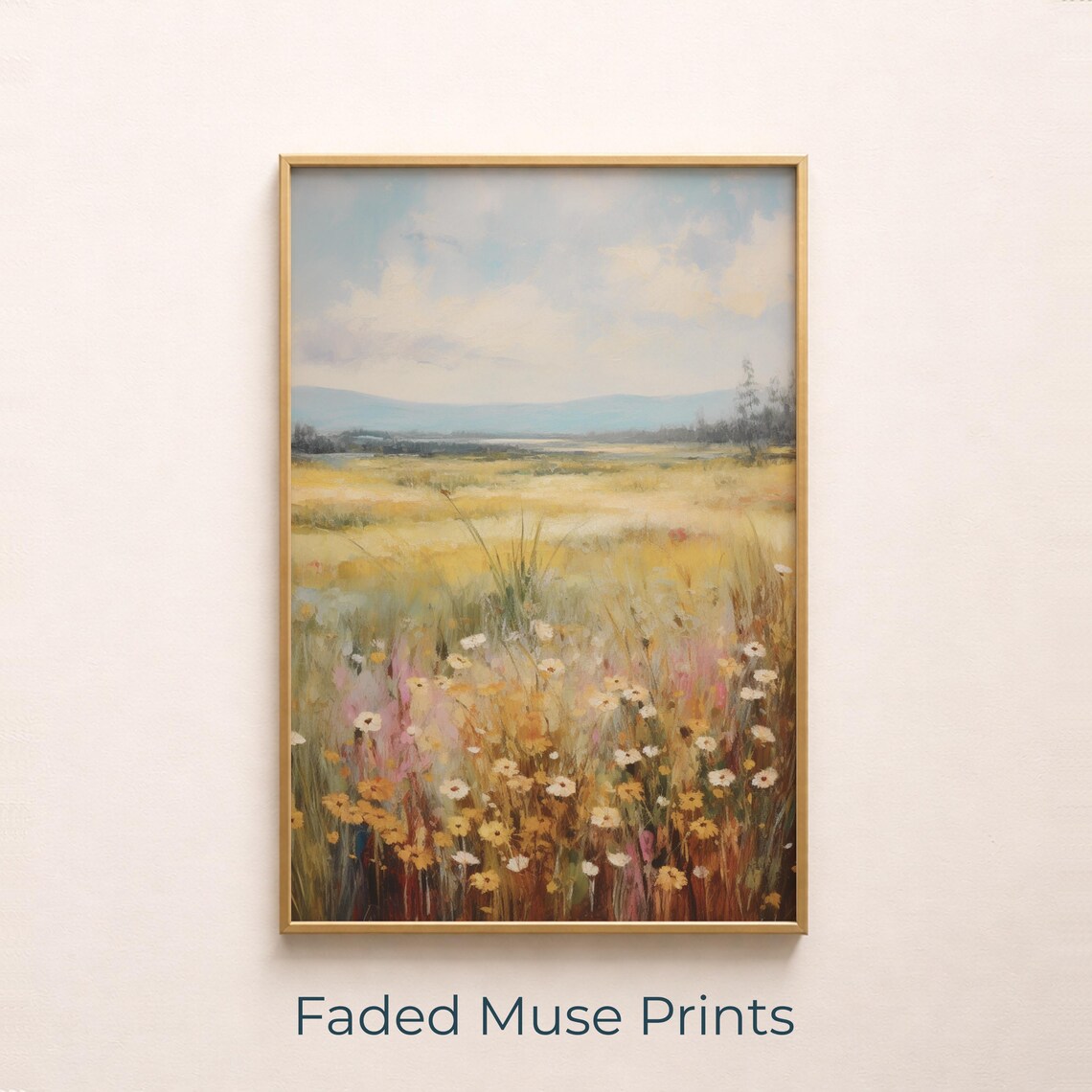 Pastoral Spring Meadow With Daisies Golden Grass Impressionist Landscape Print