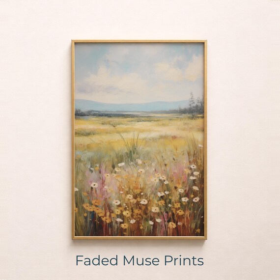 Pastoral Spring Meadow With Daisies Golden Grass Impressionist Landscape Print