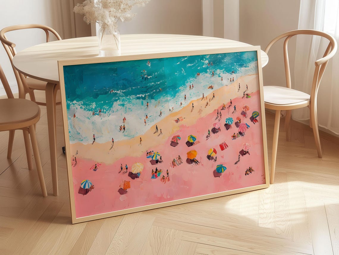 Pink Beach Aerial Turquoise Ocean Colorful Coastal Scene Poster