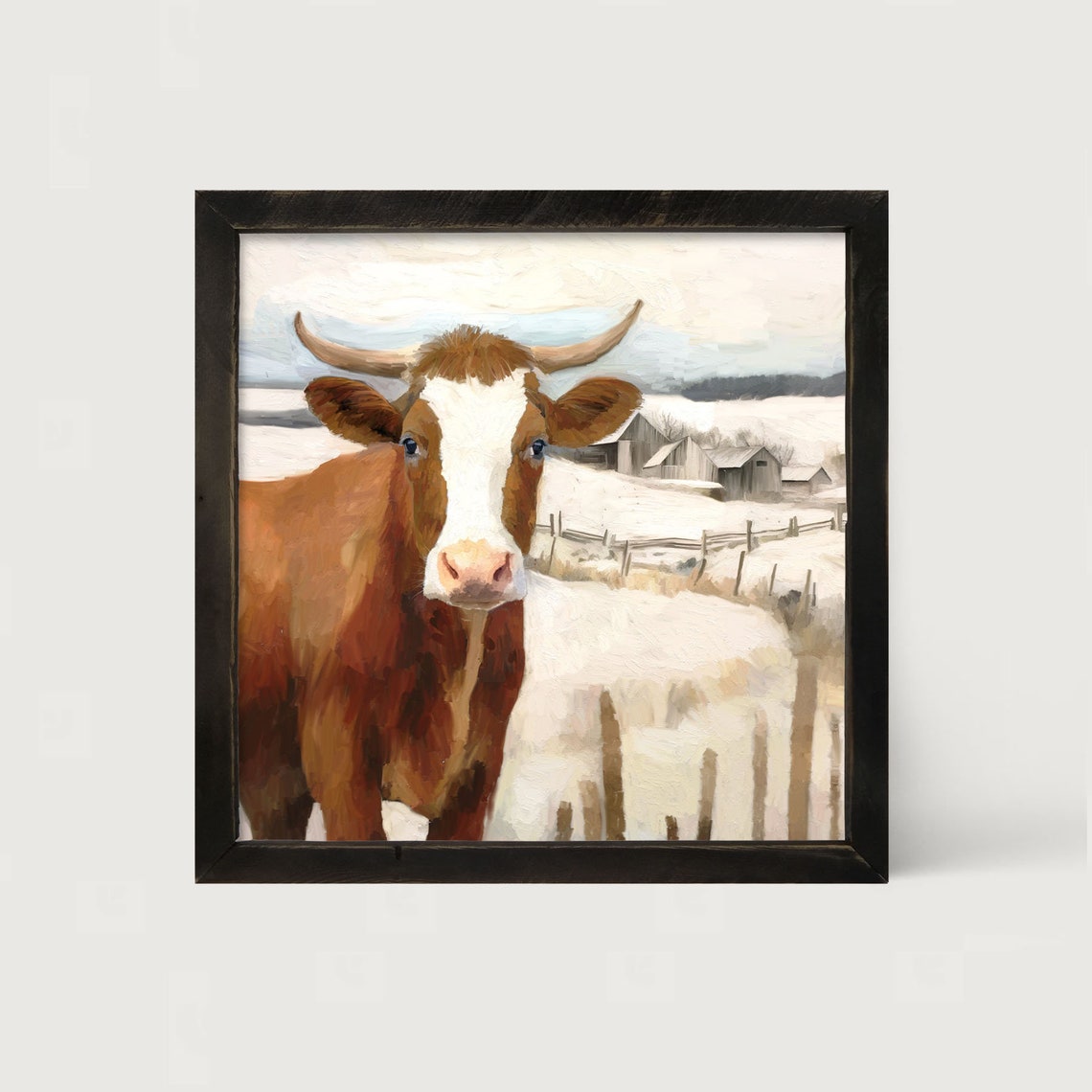 Longhorn Cow Winter Farm Snowy Barn Scene Brown Cattle Framed Poster
