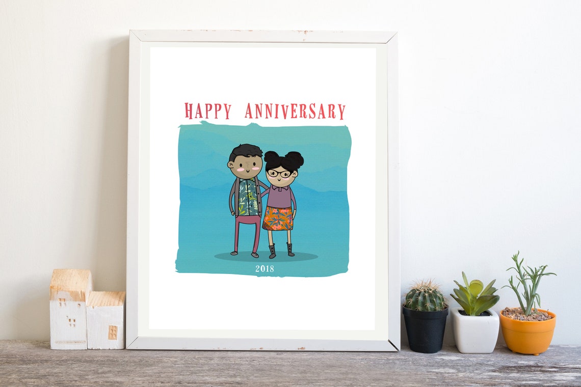 Happy Anniversary Cartoon Couple Portrait on Teal Watercolor Poster