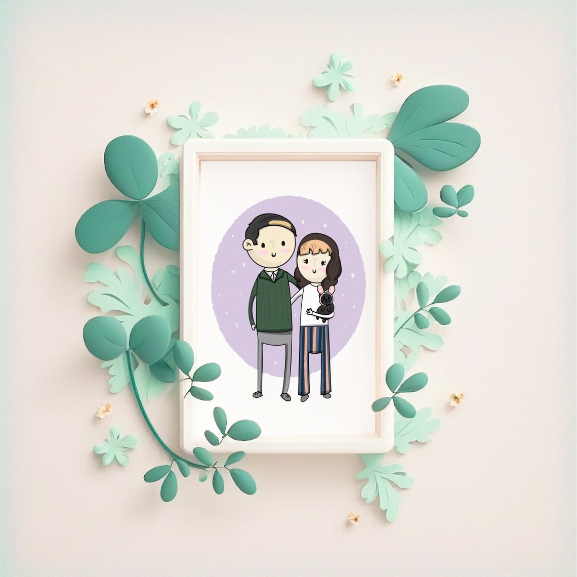 Custom Cartoon Couple Portrait with Puppy Purple Oval Poster