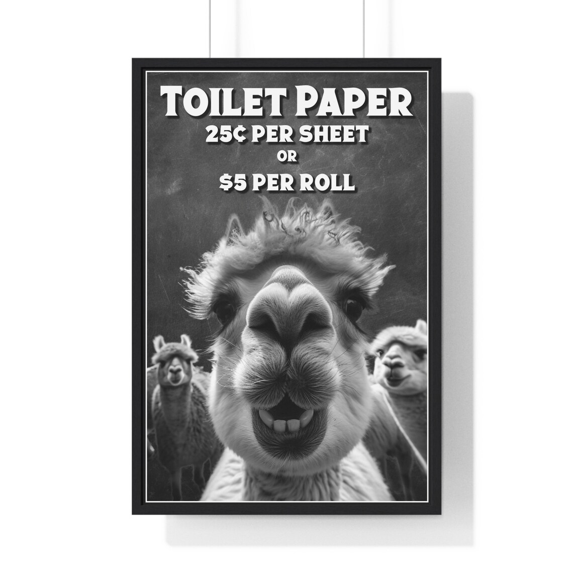 Black And White Goofy Alpaca Selfie Toilet Paper Price Funny Bathroom Poster