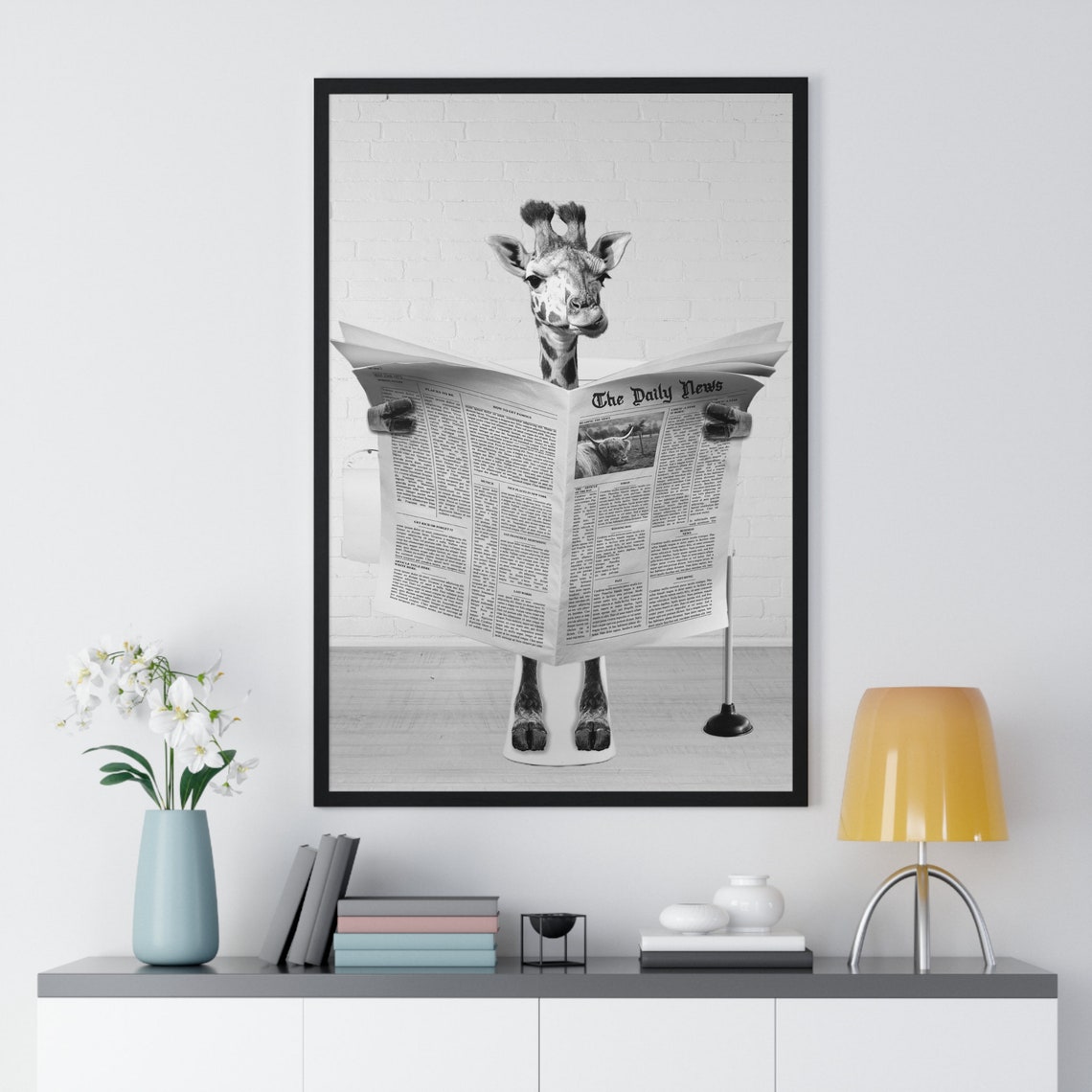 Giraffe Reading Newspaper on Toilet Funny Black and White Poster - Image 2