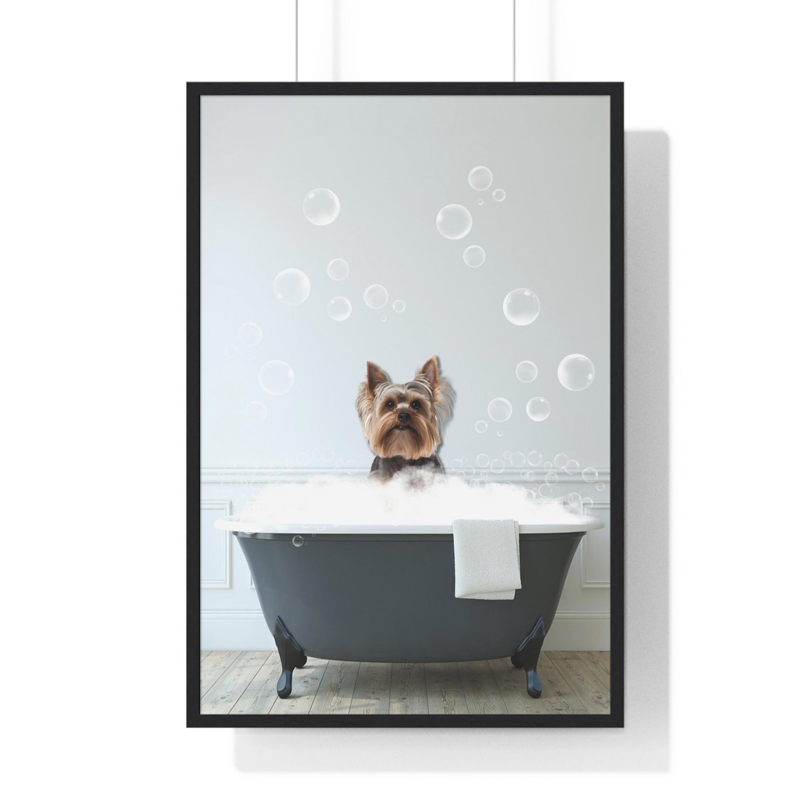 Yorkshire Terrier in Bubble Bath Funny Dog Bathroom Art Poster