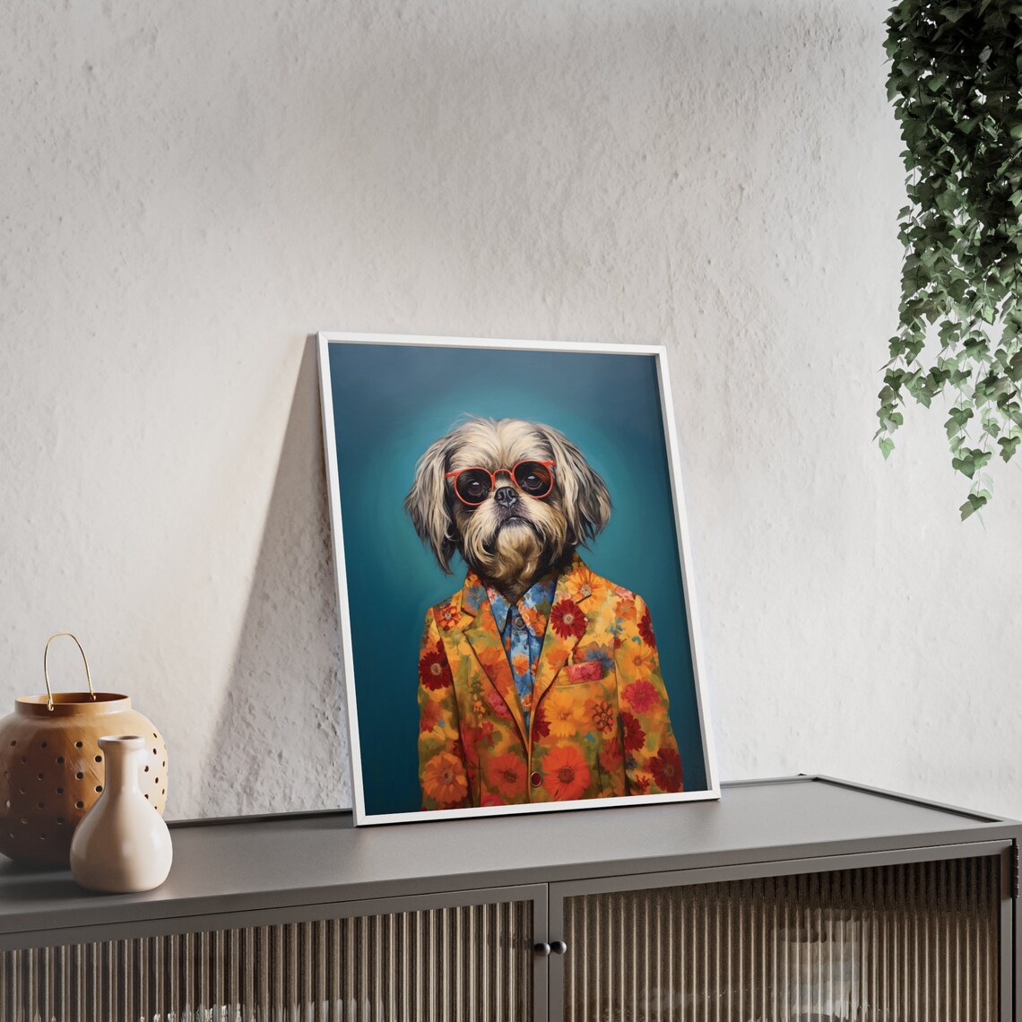 Shih Tzu Dog in Red Glasses and Yellow Floral Blazer Portrait Poster - Image 2