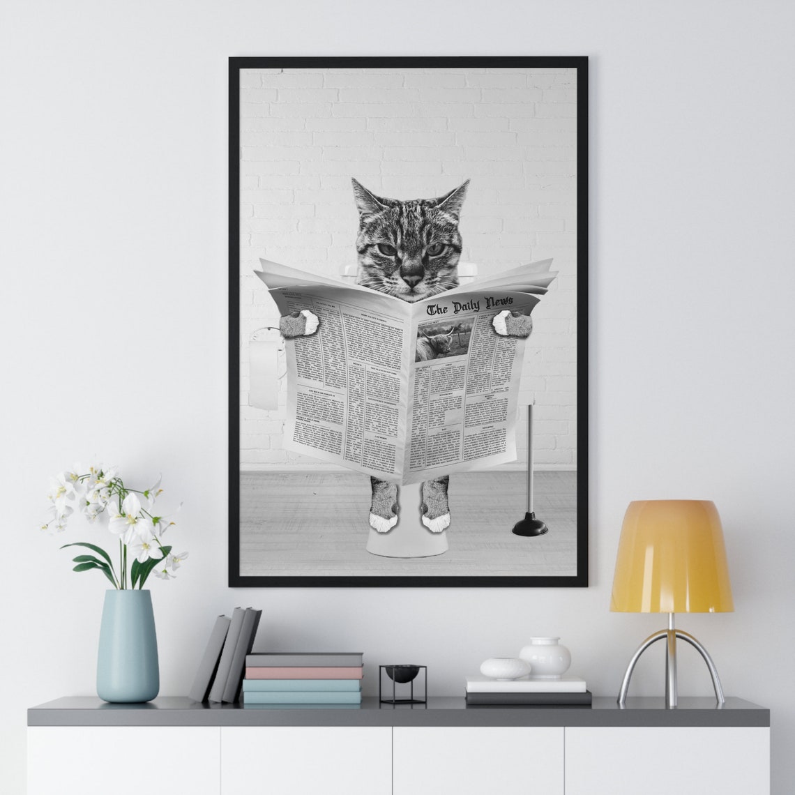 Tabby Cat Reading Newspaper While Sitting On Toilet Funny Poster - Image 2