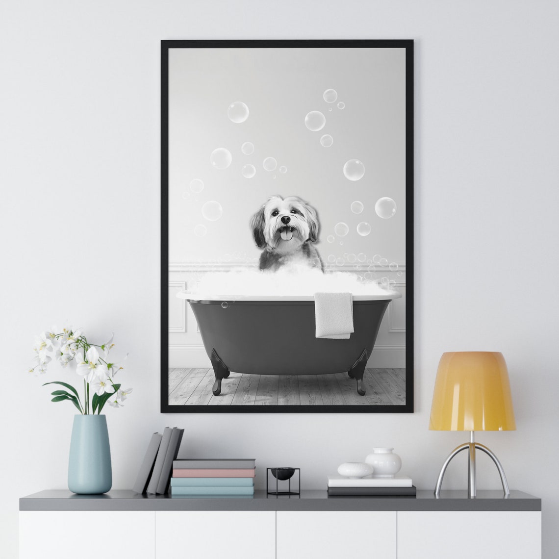 Havanese Dog in a Bubble Bath Black and White Funny Bathroom Poster - Image 2